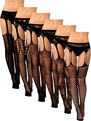 6 Pairs Women Fishnet Thigh High Stockings Tights Suspender