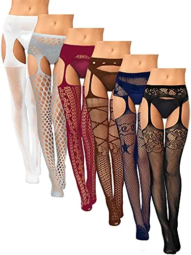 6 Pairs Women Fishnet Thigh High Stockings Tights Suspender