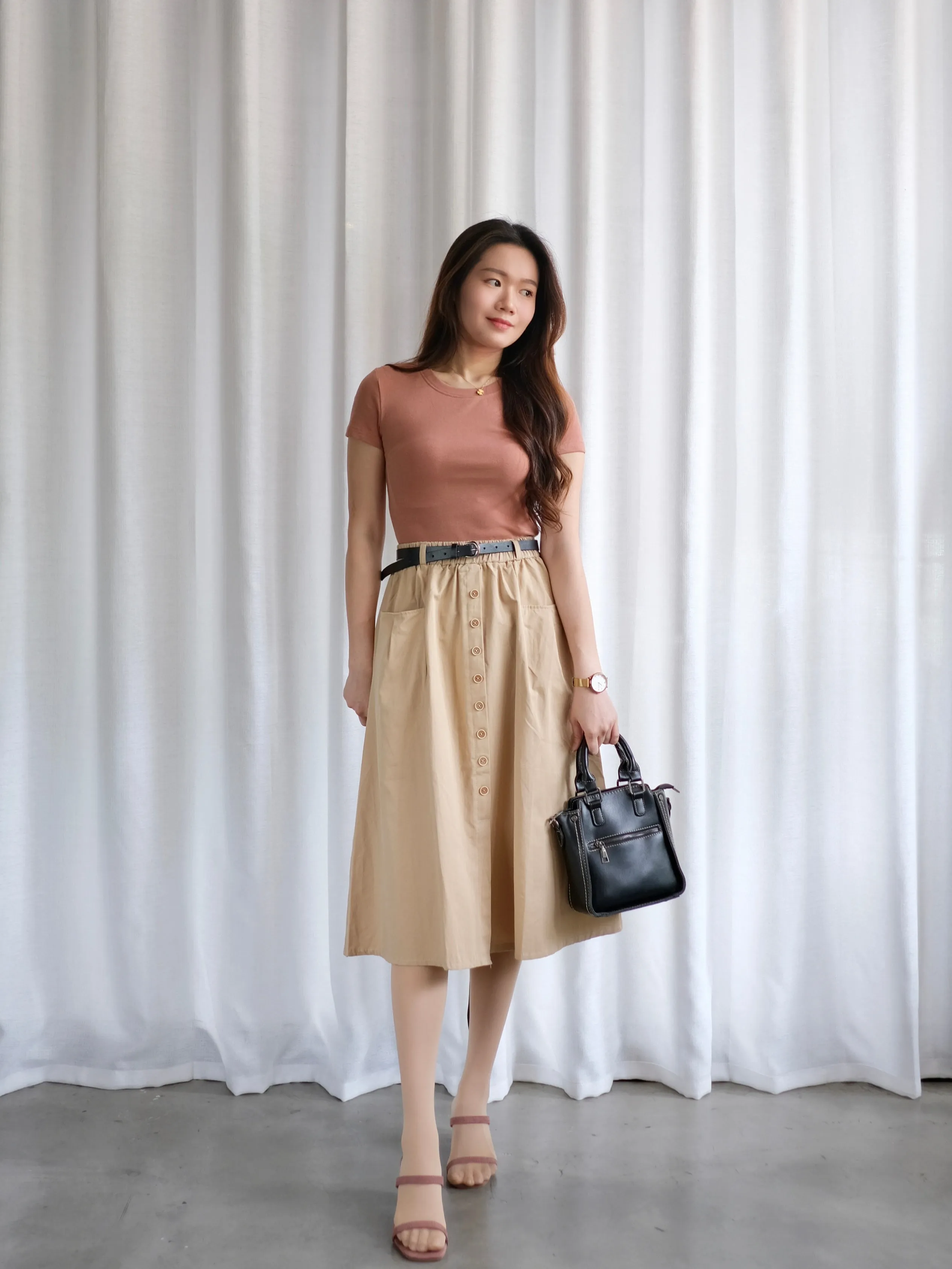 ACEWIN Button Front Belted Cargo Midi Skirt (Free Size) 601287