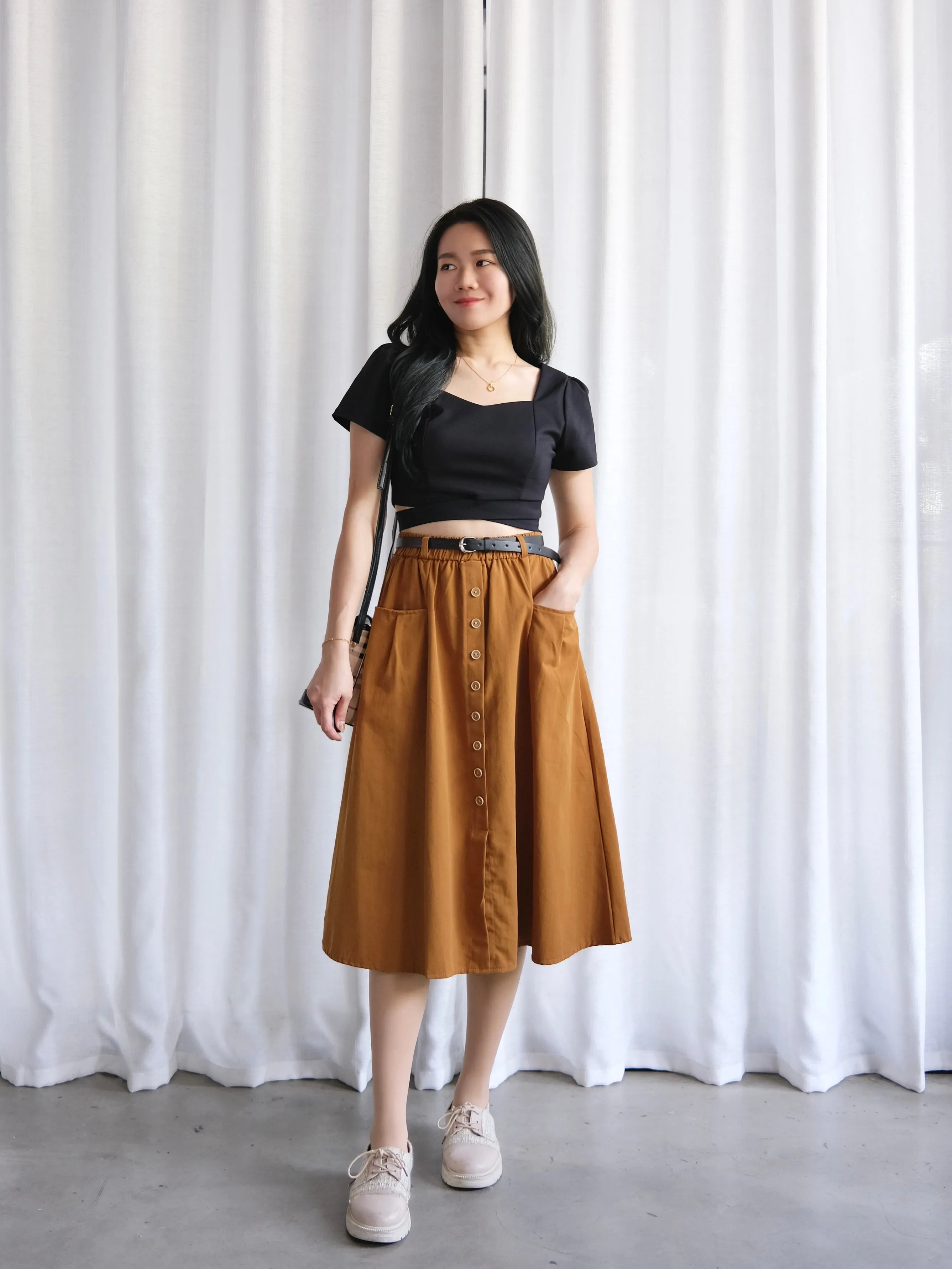 ACEWIN Button Front Belted Cargo Midi Skirt (Free Size) 601287