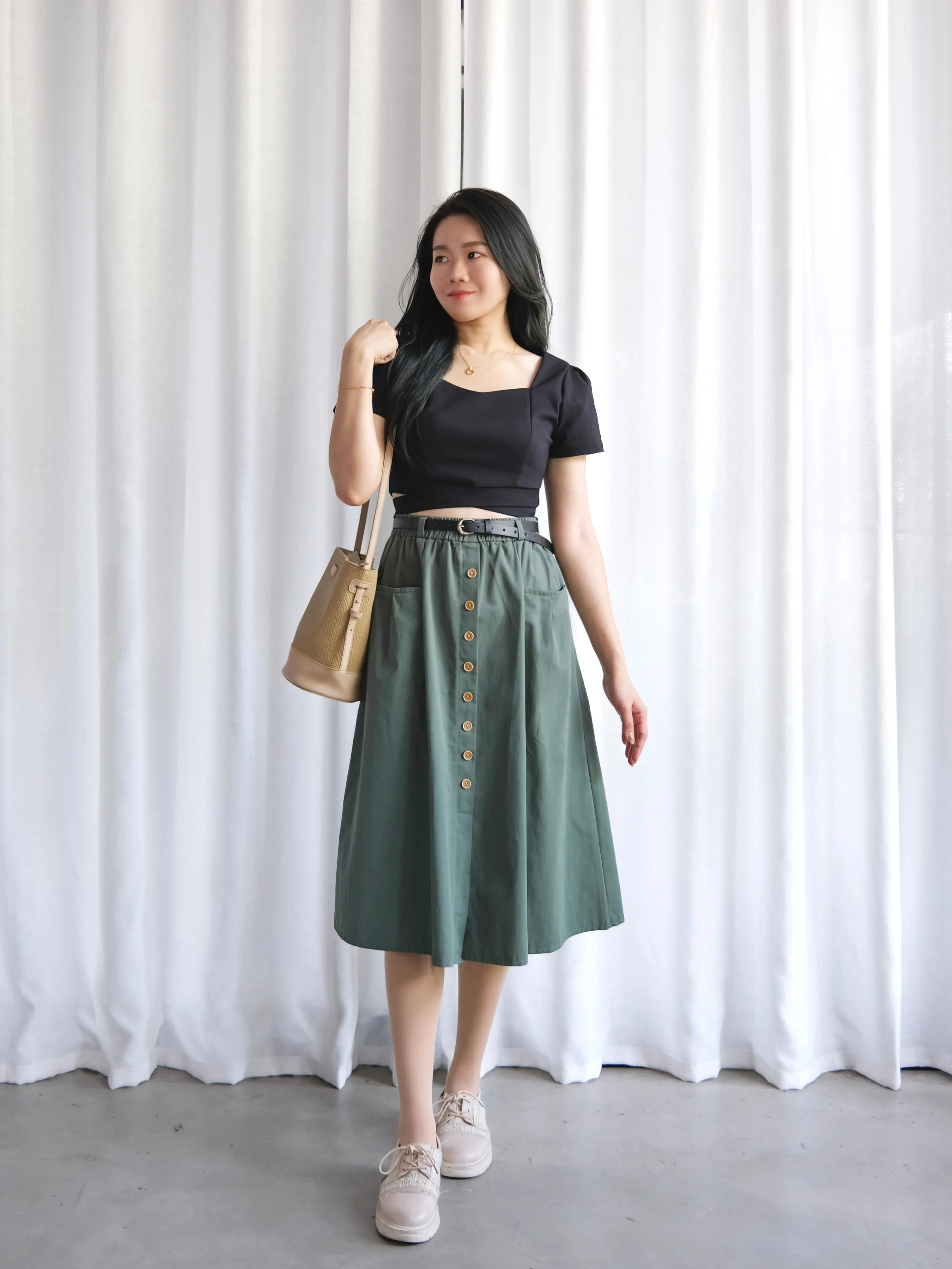 ACEWIN Button Front Belted Cargo Midi Skirt (Free Size) 601287