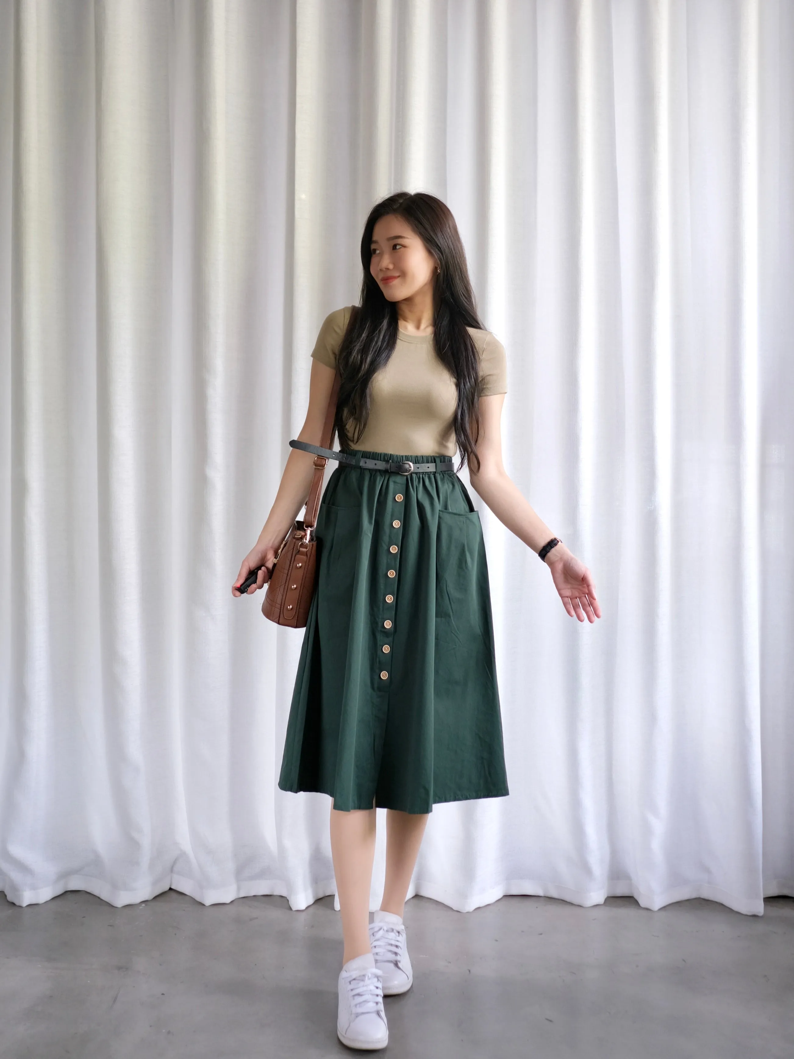 ACEWIN Button Front Belted Cargo Midi Skirt (Free Size) 601287