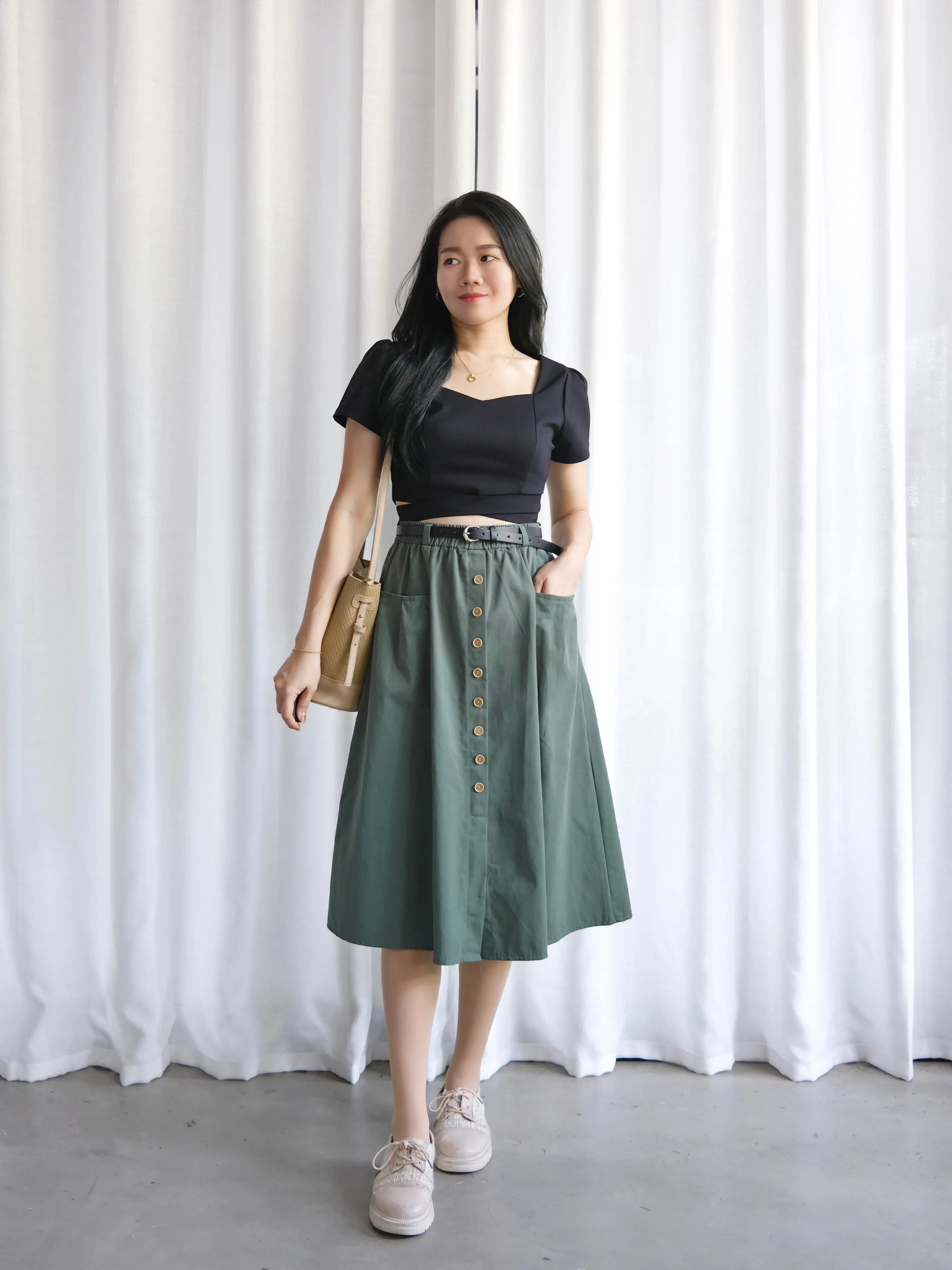 ACEWIN Button Front Belted Cargo Midi Skirt (Free Size) 601287