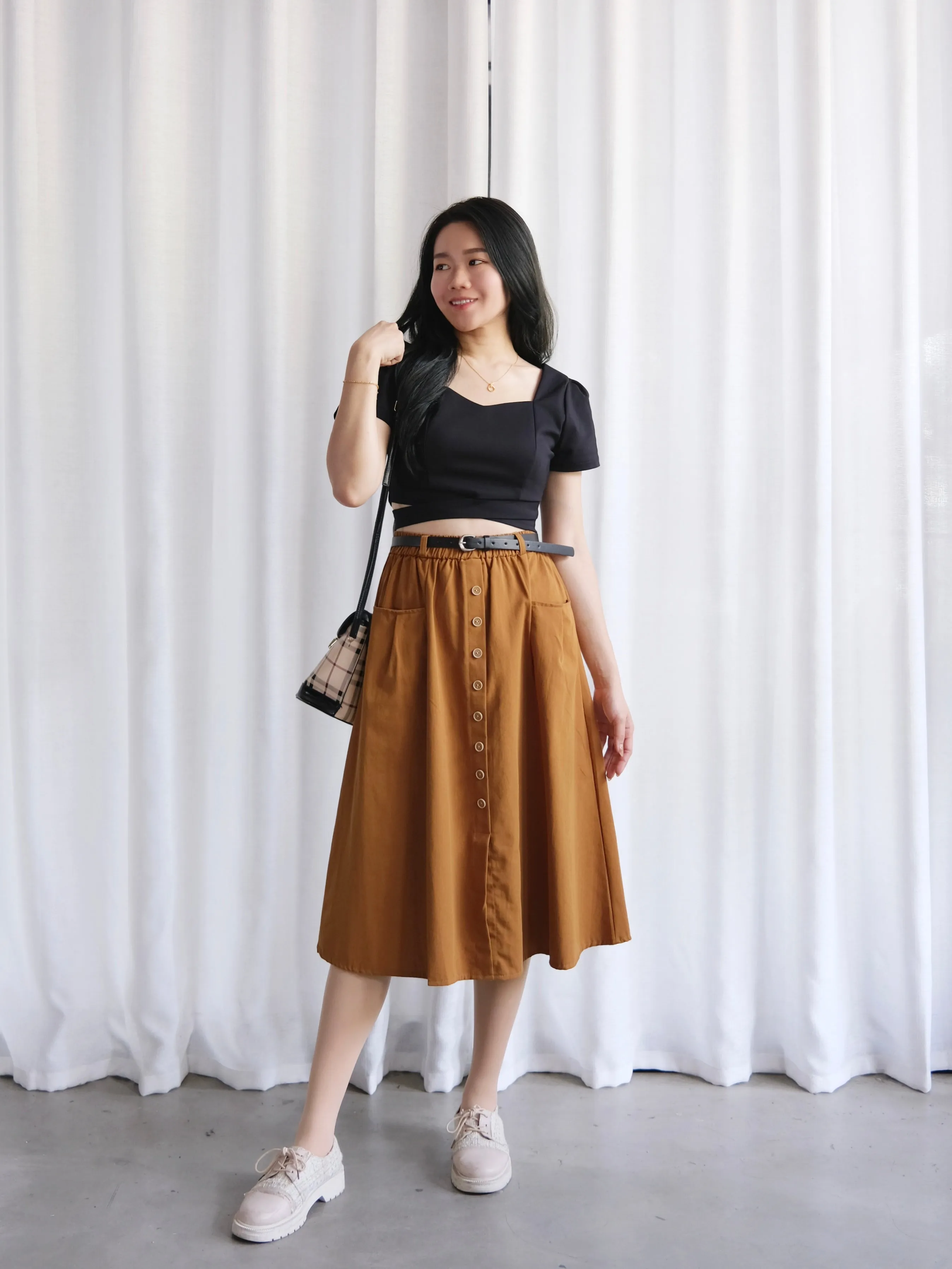 ACEWIN Button Front Belted Cargo Midi Skirt (Free Size) 601287