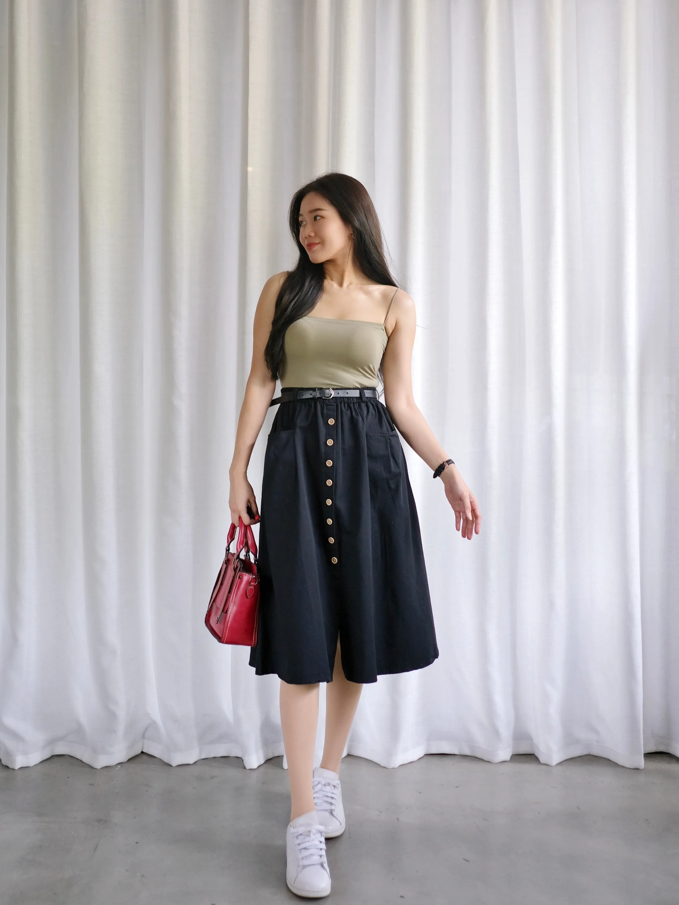 ACEWIN Button Front Belted Cargo Midi Skirt (Free Size) 601287