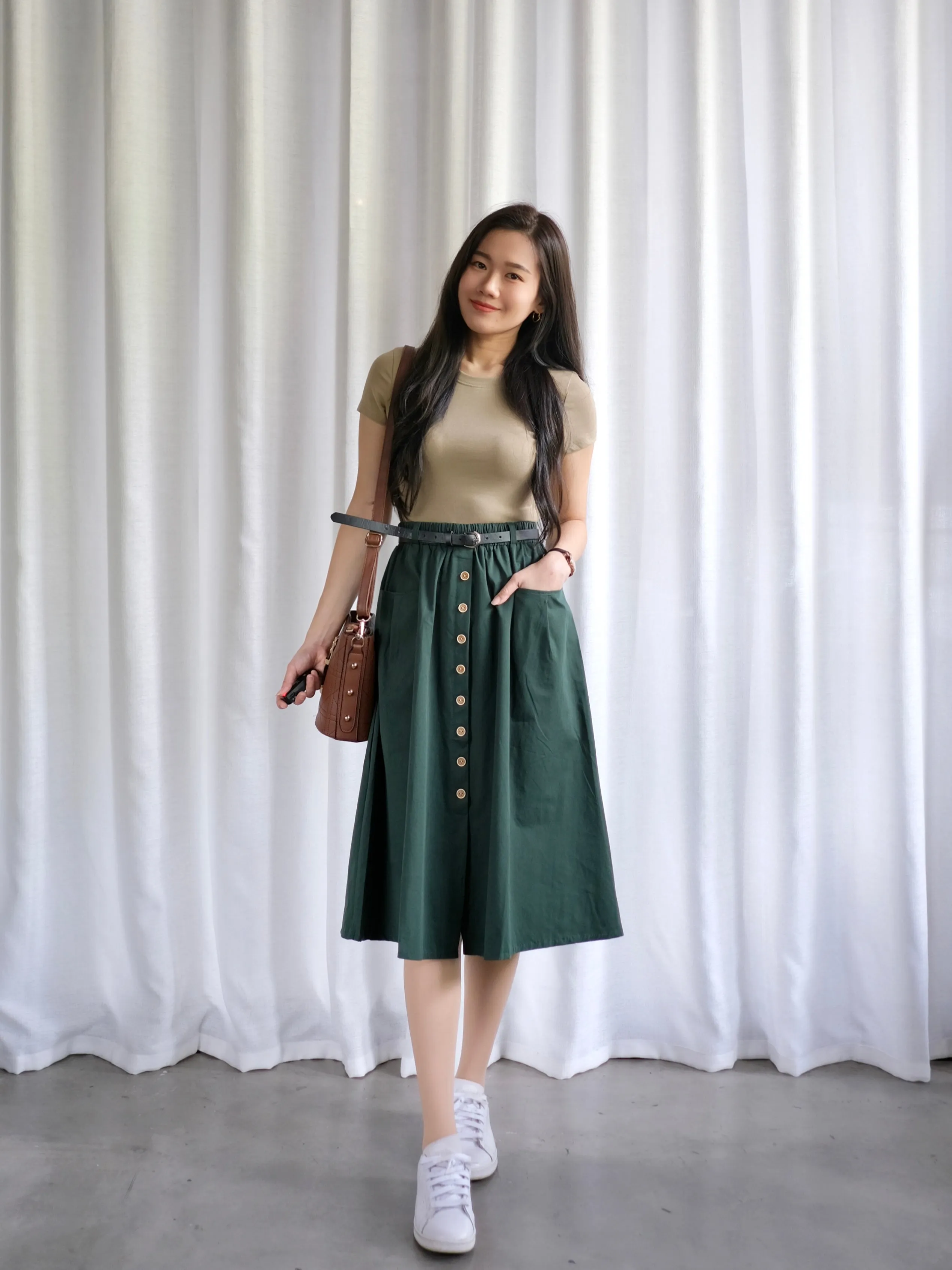 ACEWIN Button Front Belted Cargo Midi Skirt (Free Size) 601287