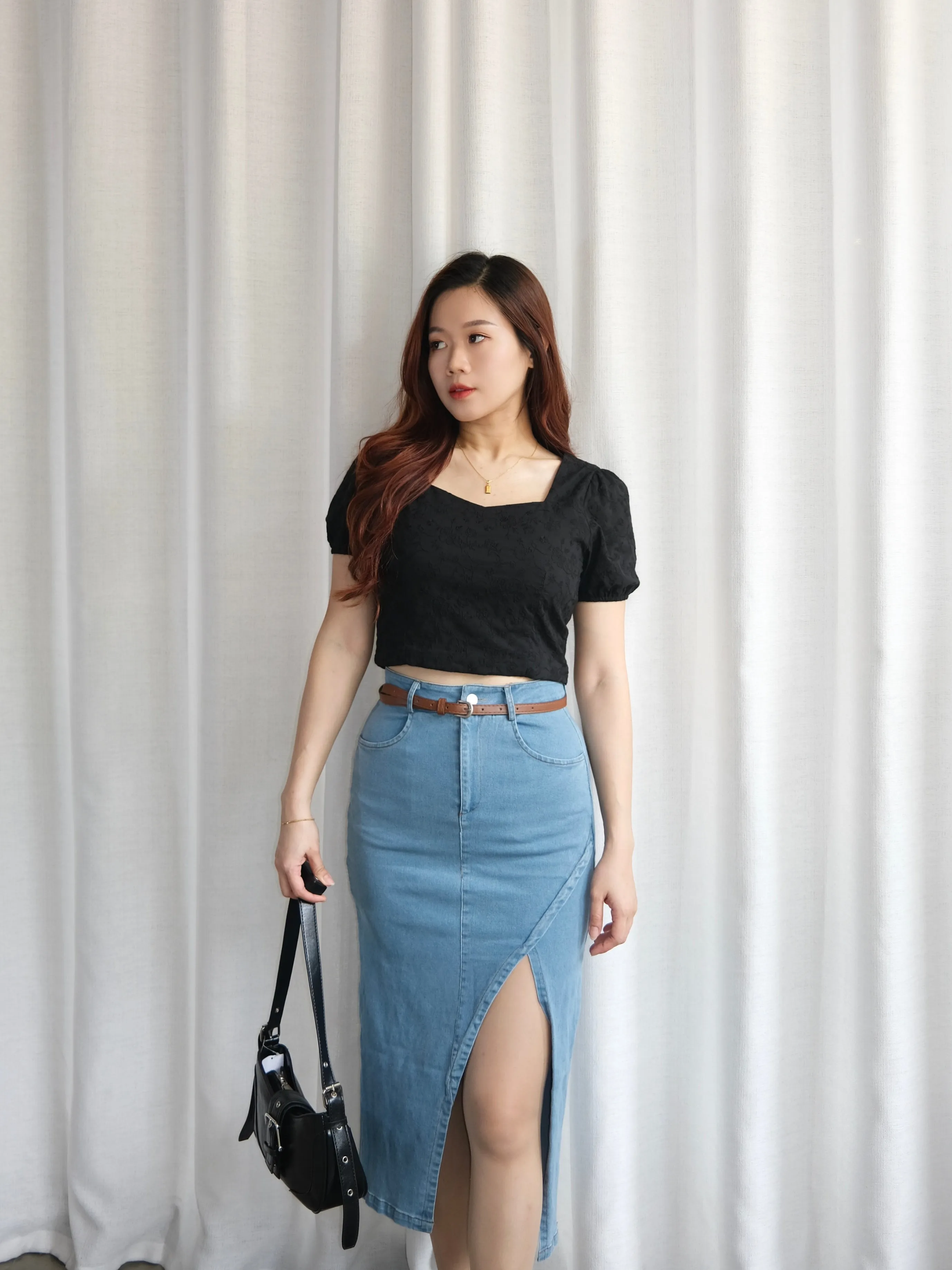 ACEWIN Front Split Maxi Belted Denim Skirt (Size S-XL) 400387