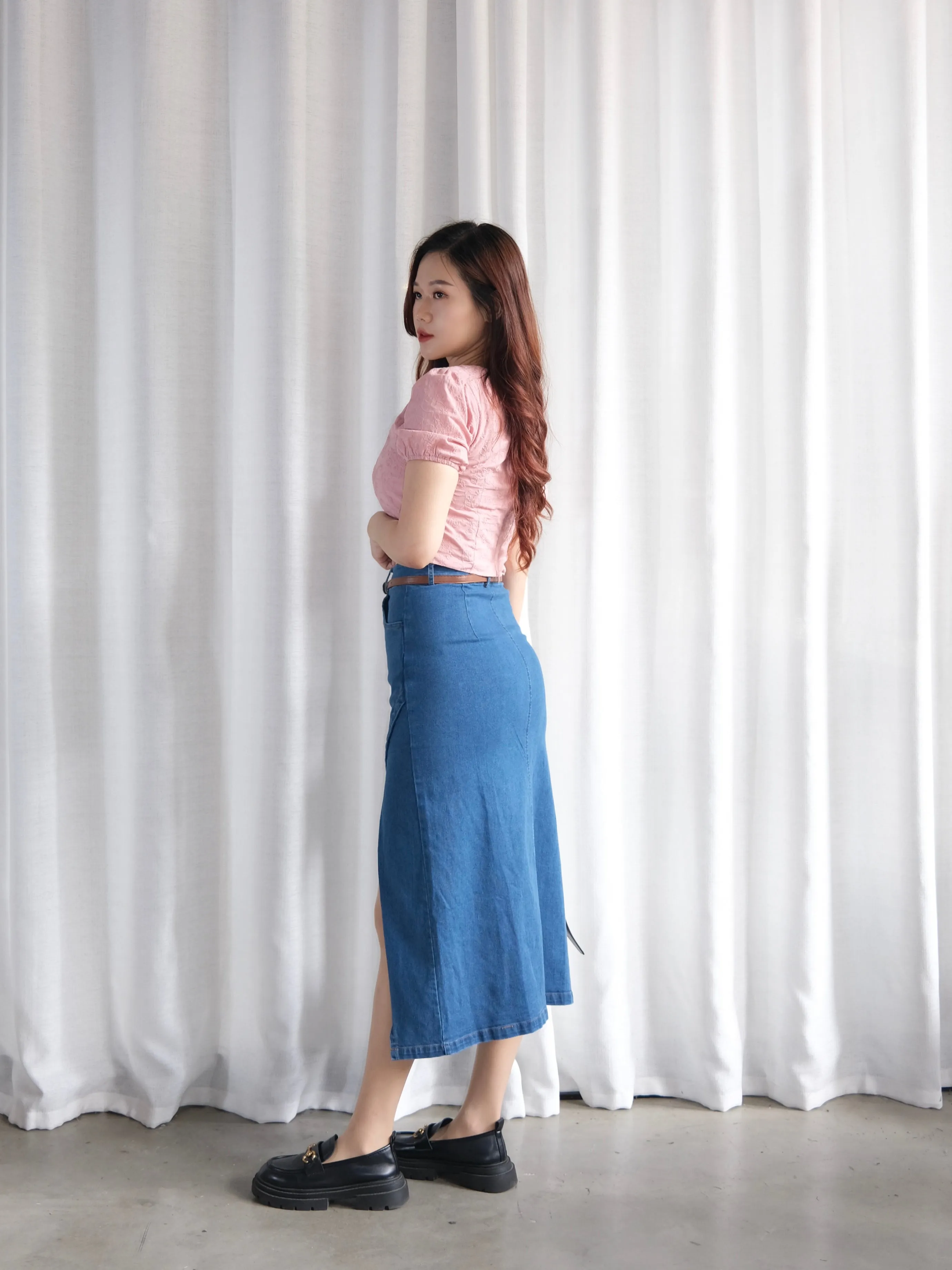 ACEWIN Front Split Maxi Belted Denim Skirt (Size S-XL) 400387