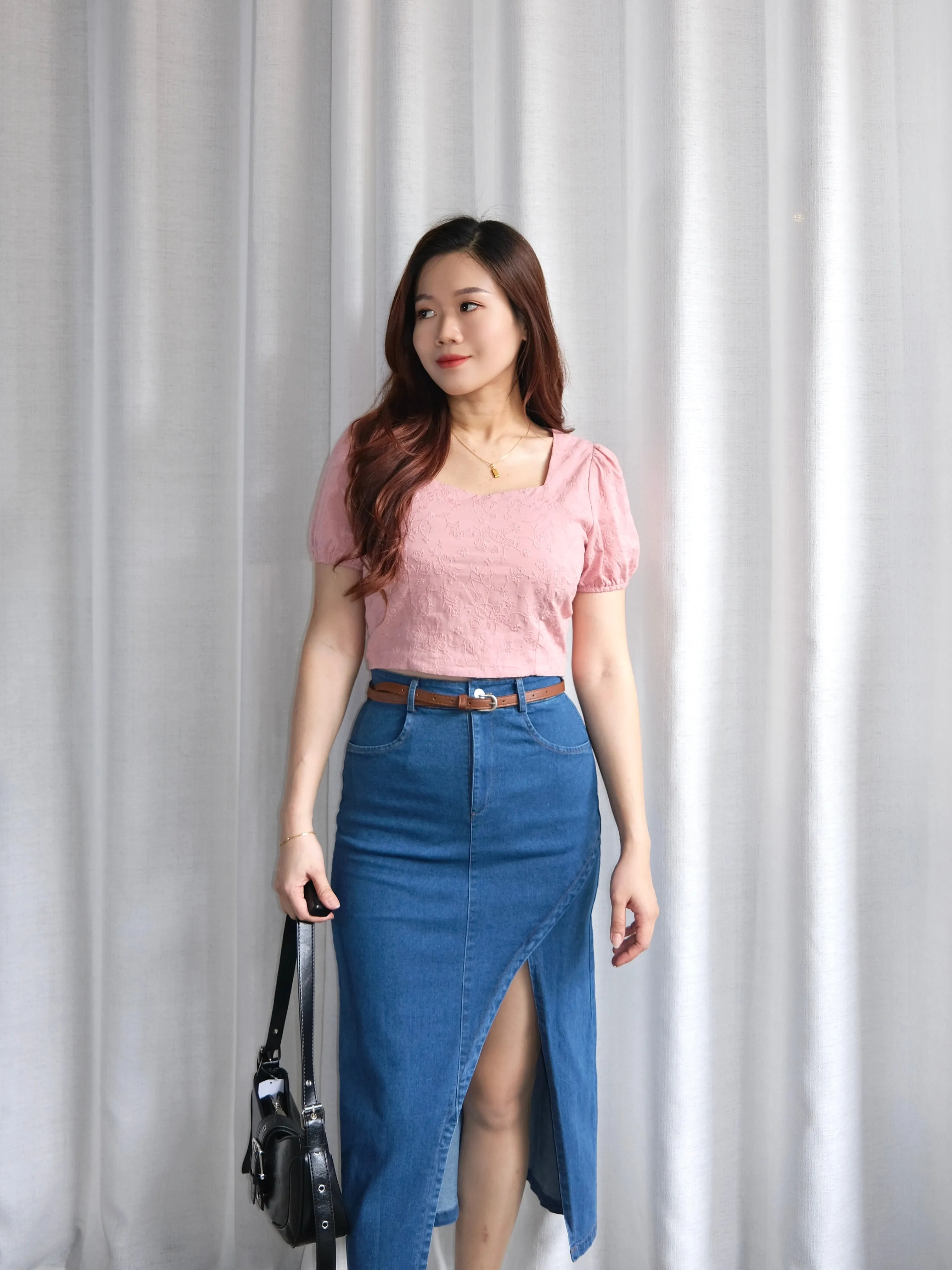 ACEWIN Front Split Maxi Belted Denim Skirt (Size S-XL) 400387