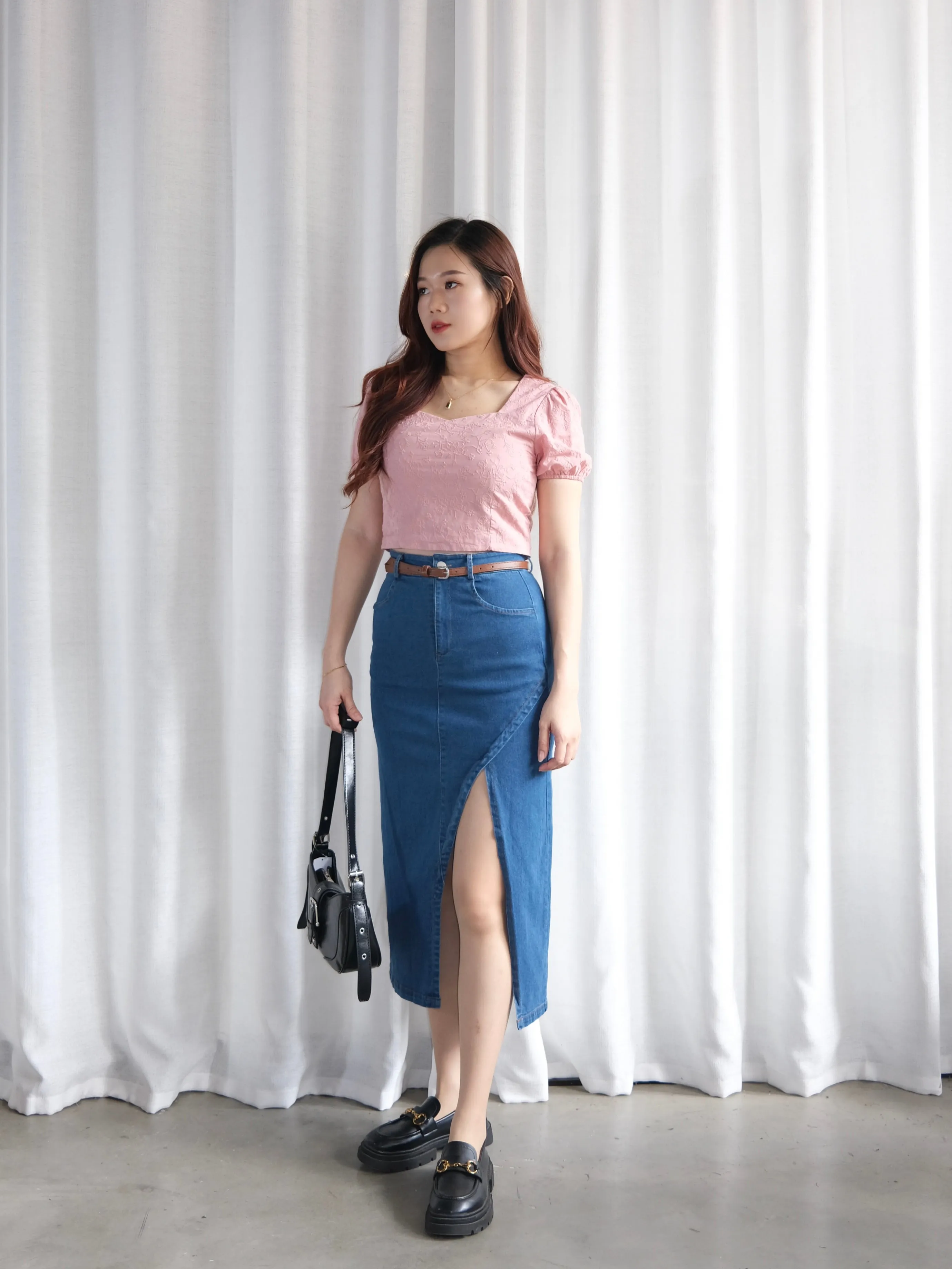 ACEWIN Front Split Maxi Belted Denim Skirt (Size S-XL) 400387