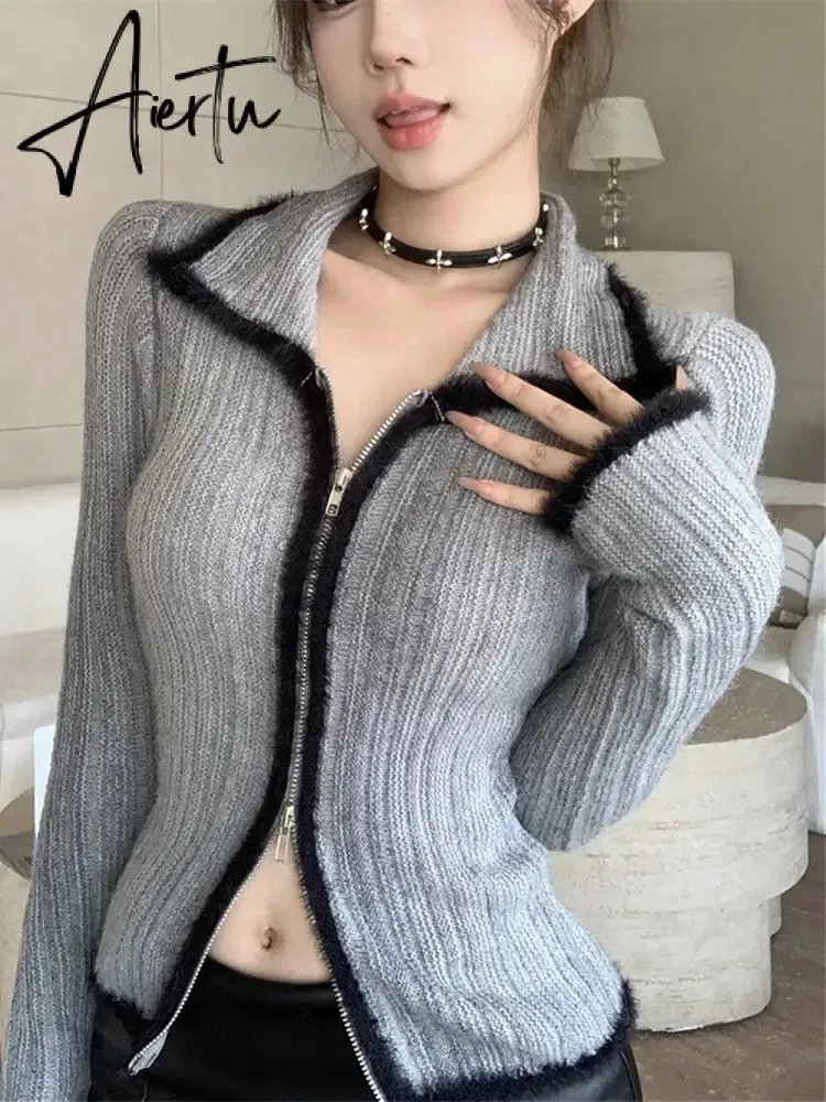 Aiertu Patchwork Vintage Double Zipper Knitted Sweaters Grunge Y2k Aesthetic Slim Coats Turn Down Collar Harajuku Casual Women Cardigan