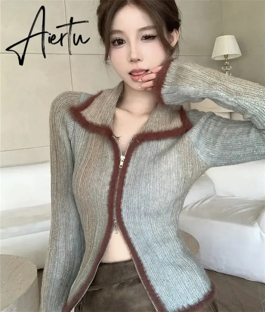 Aiertu Patchwork Vintage Double Zipper Knitted Sweaters Grunge Y2k Aesthetic Slim Coats Turn Down Collar Harajuku Casual Women Cardigan