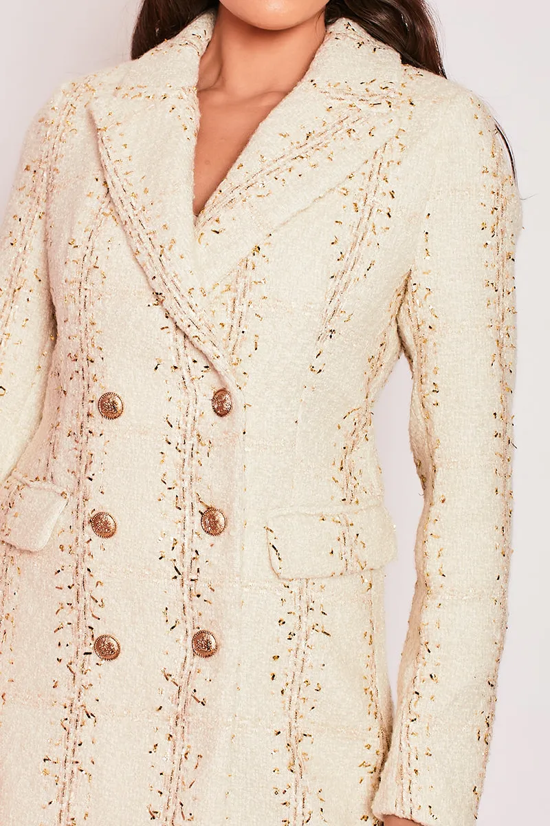 Alaana - Ivory & Gold Long Lined Double Breasted Tweed Blazer