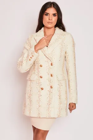 Alaana - Ivory & Gold Long Lined Double Breasted Tweed Blazer