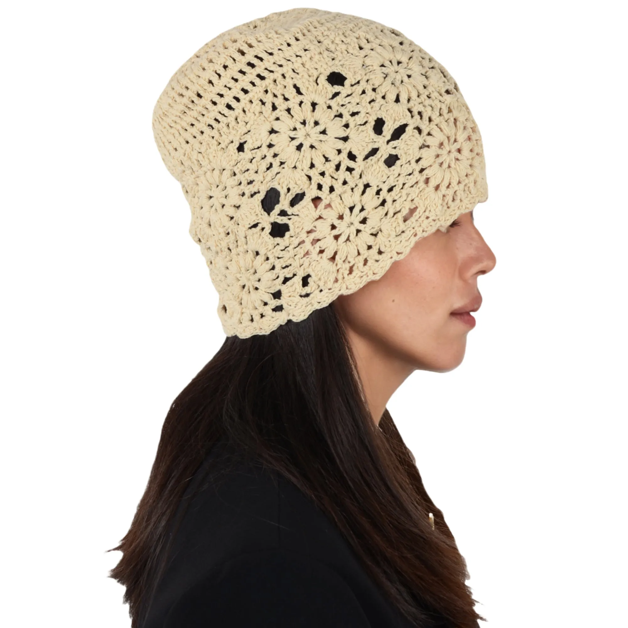 Anna-Kaci Crochet Floral Slouchy Beanie Hat Lightweight Handmade Knit Cutout Skull Cap for Women