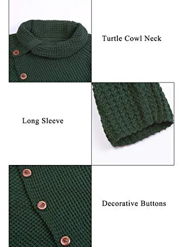 Asvivid Womens Turtle Cowl Neck Sweater Plain Button Asymmetrical Wrap Pullover Lightweight Knitted Sweaters Winter Fall Tops M Green