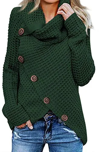 Asvivid Womens Turtle Cowl Neck Sweater Plain Button Asymmetrical Wrap Pullover Lightweight Knitted Sweaters Winter Fall Tops M Green