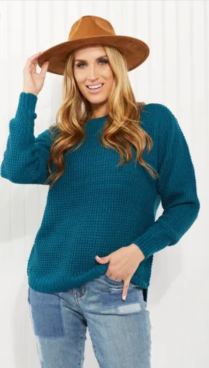 Autumn is Calling Waffle Knit Sweater in Teal