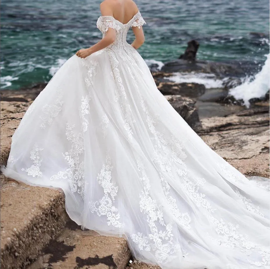 Beautiful V-neck Off Shoulder Cathedral Train Lace Elegant Wedding Dresses,SFWD0049