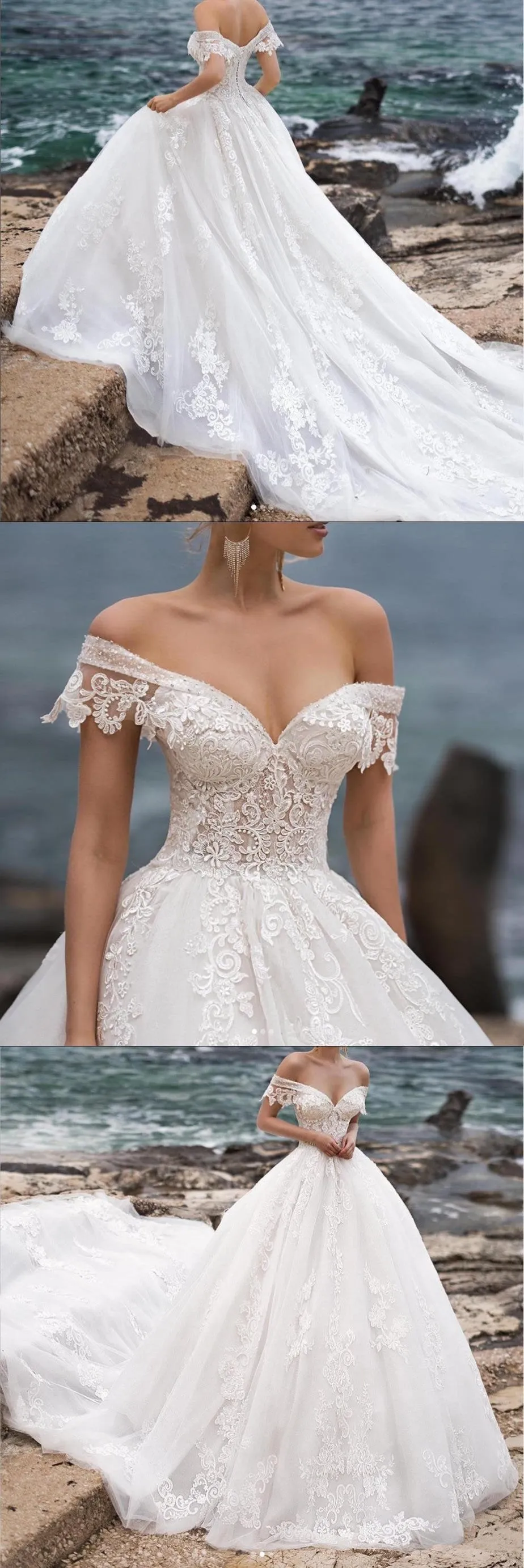 Beautiful V-neck Off Shoulder Cathedral Train Lace Elegant Wedding Dresses,SFWD0049