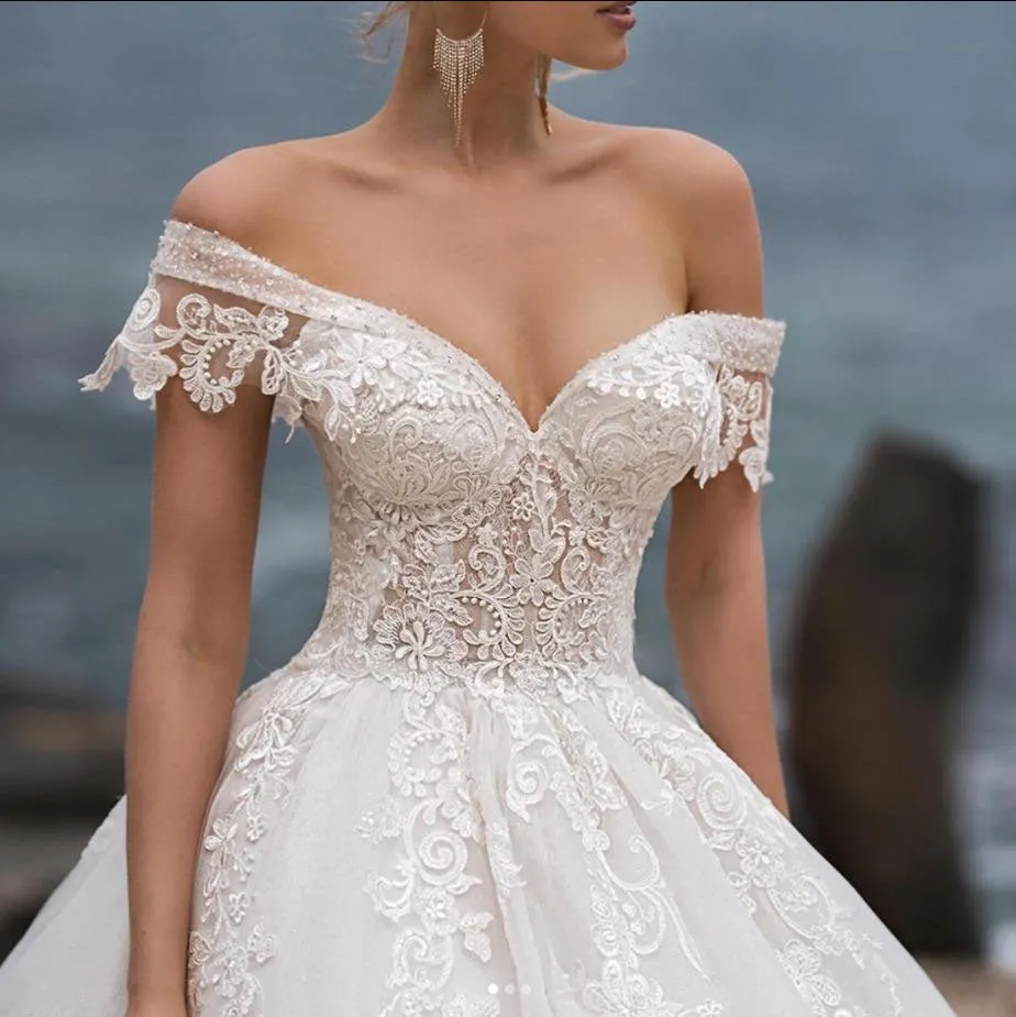 Beautiful V-neck Off Shoulder Cathedral Train Lace Elegant Wedding Dresses,SFWD0049