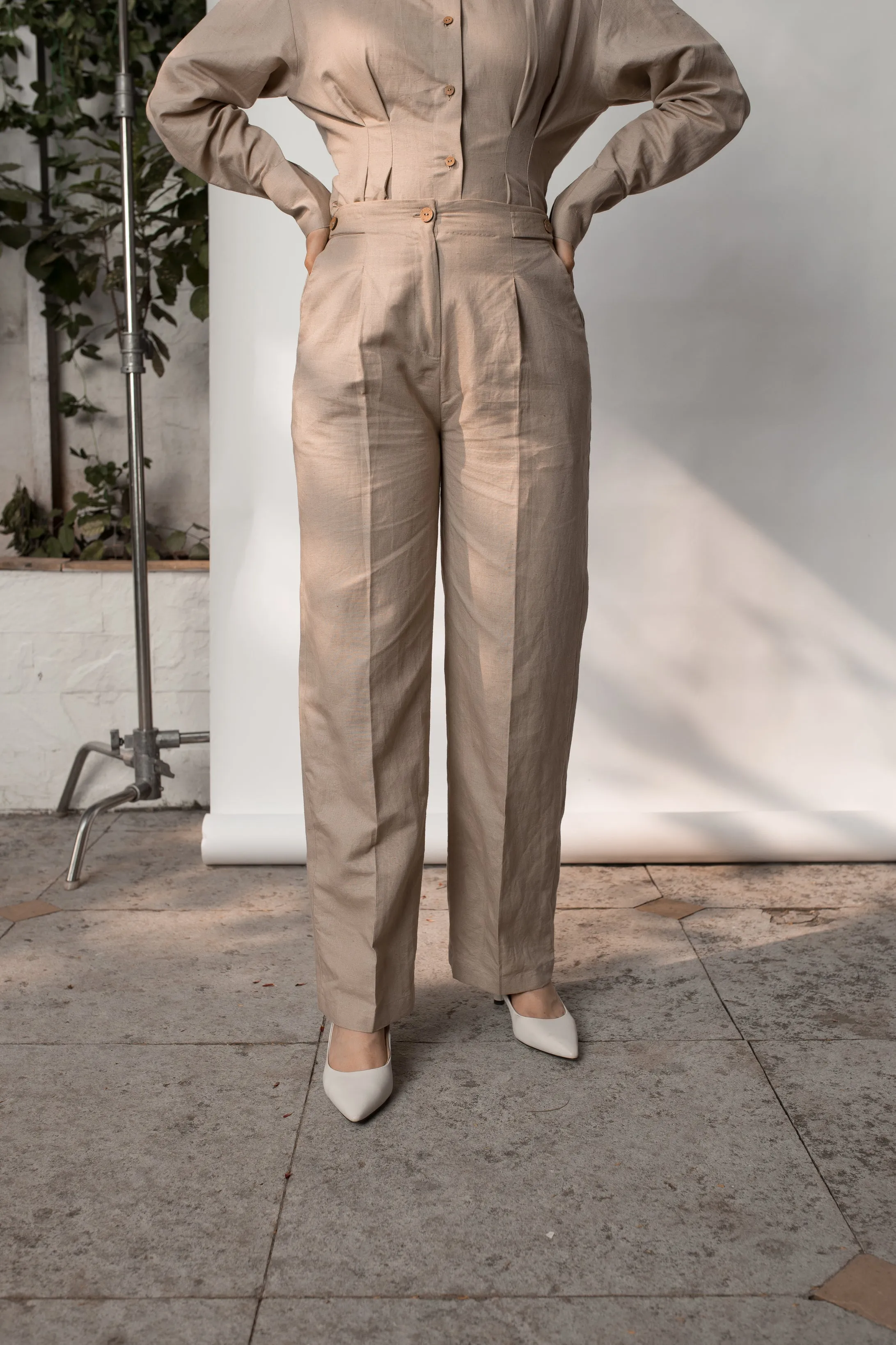 Beige Solid Tailored Pants