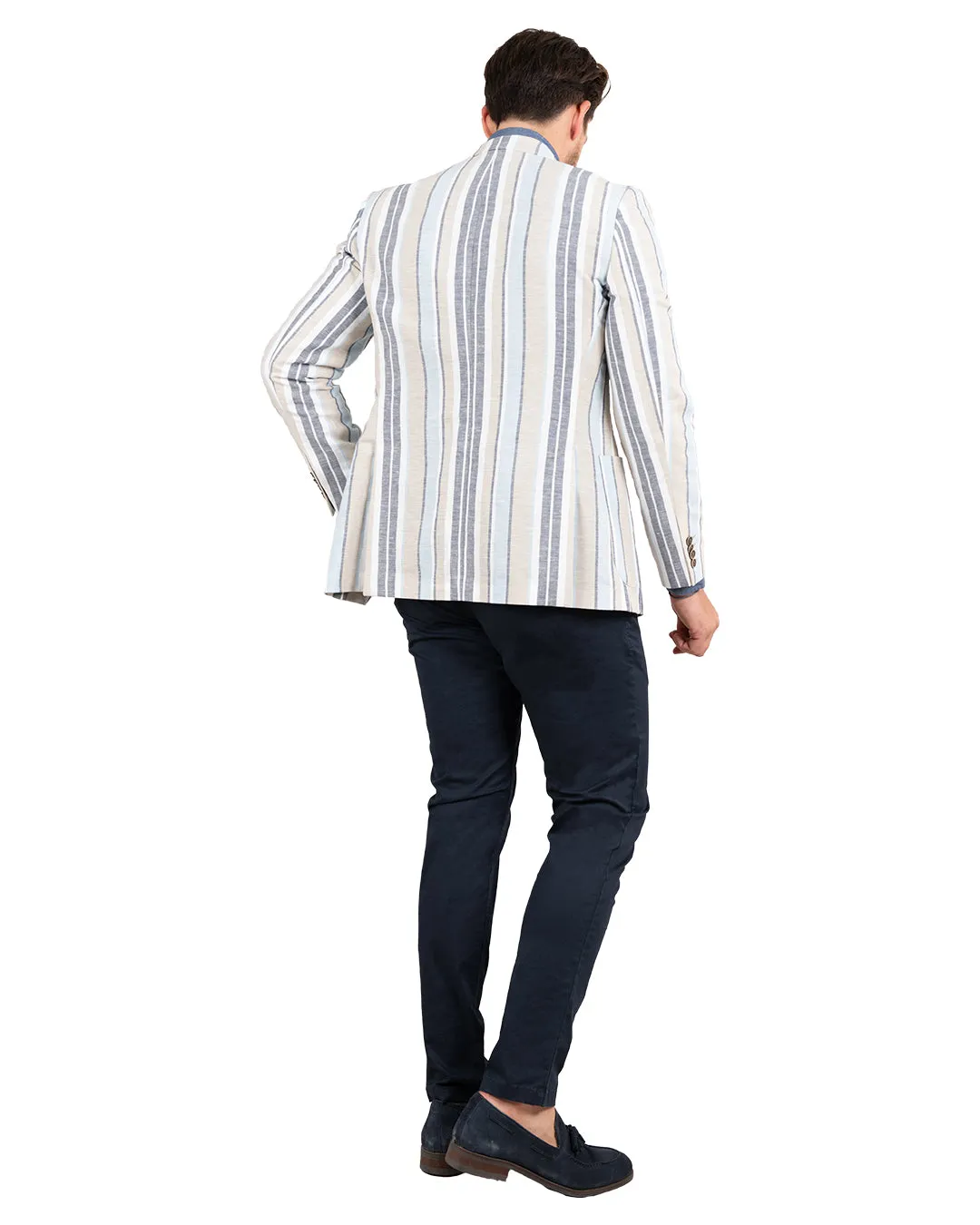 Blue Linen Cotton Striped Jacket