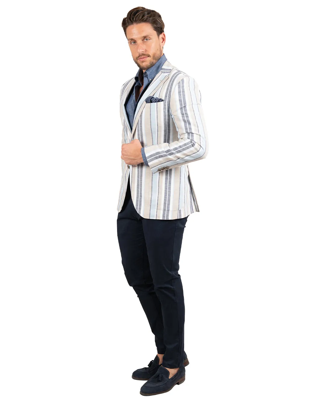 Blue Linen Cotton Striped Jacket