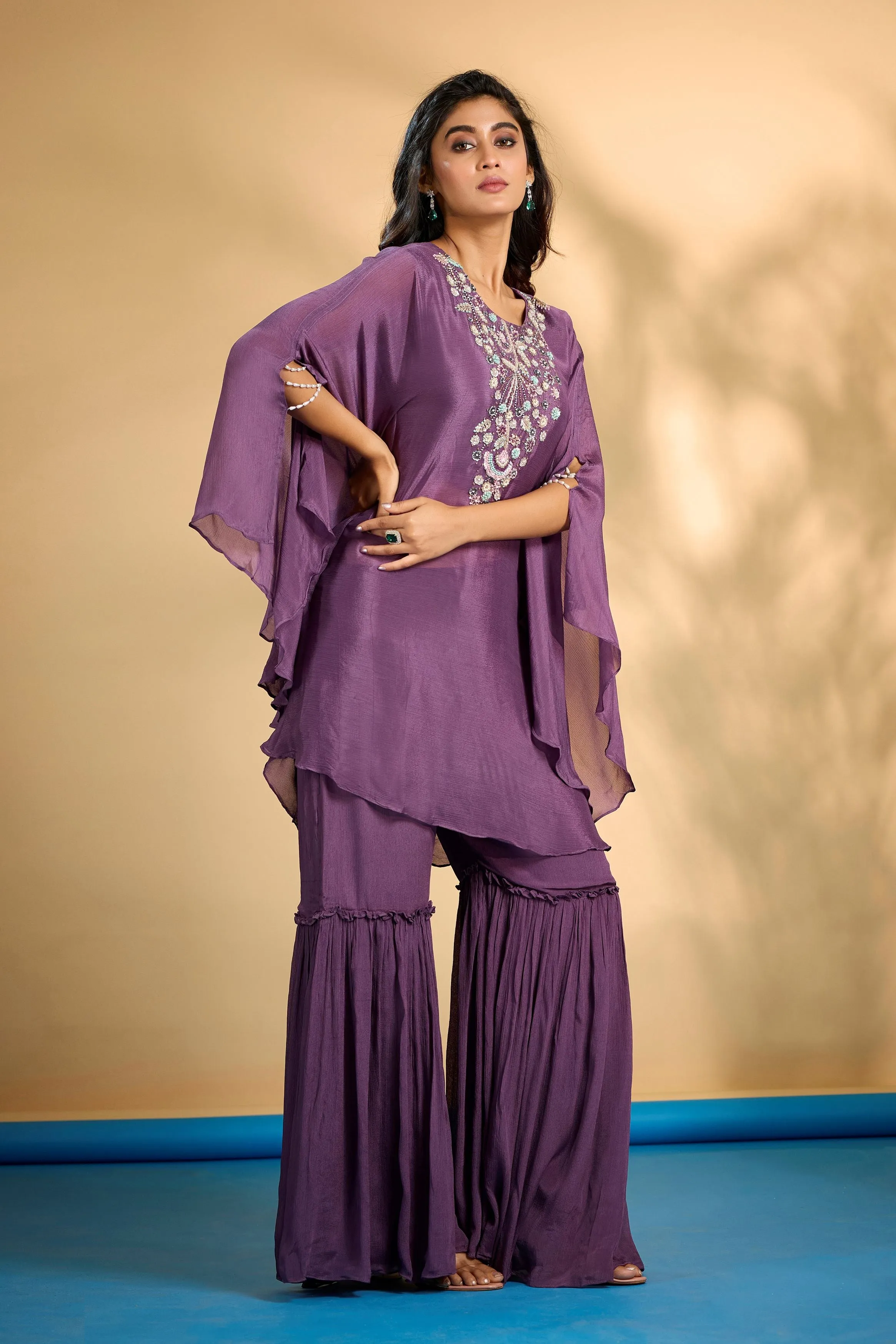 Bright Purple Embellished Chinon Silk Kaftan Set