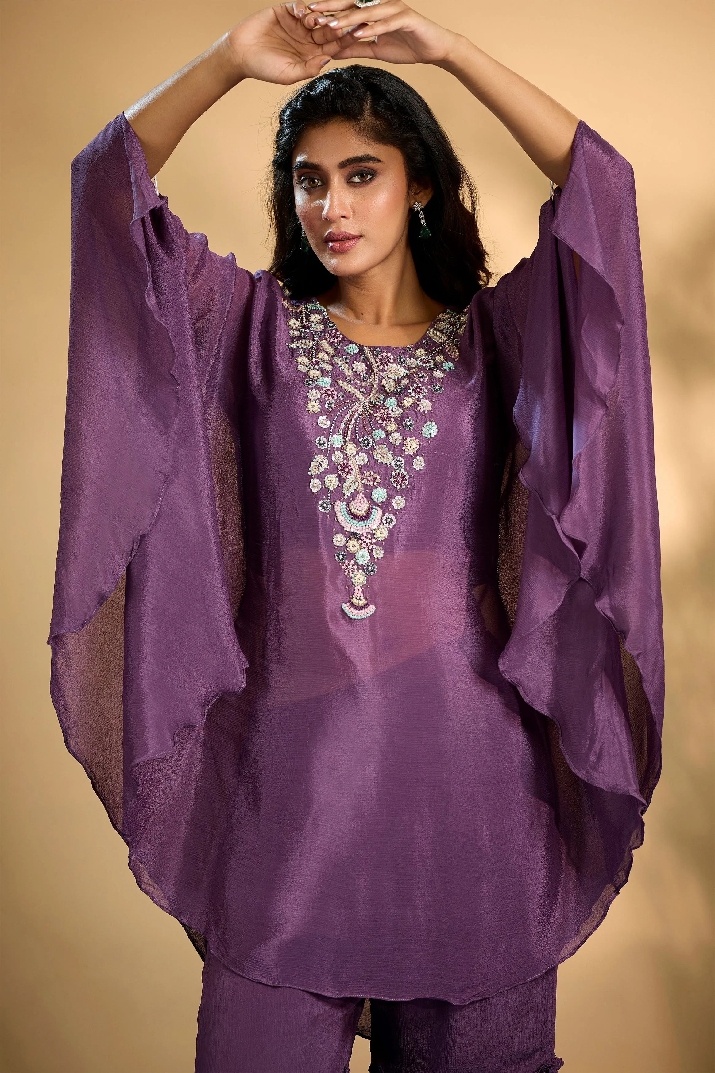 Bright Purple Embellished Chinon Silk Kaftan Set