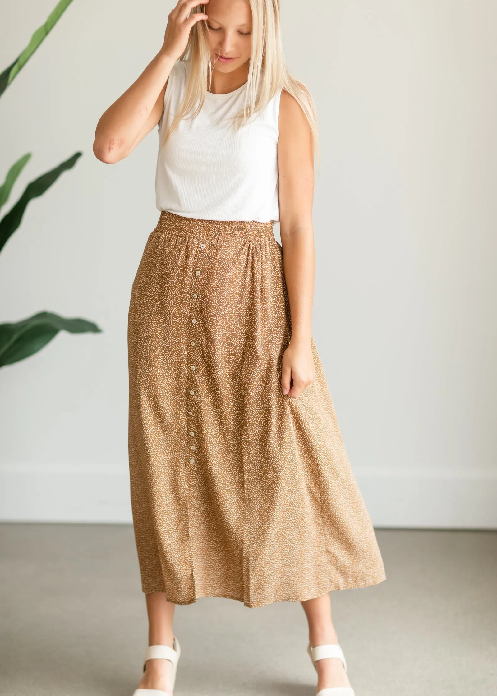 Camel Button Front Patterned Maxi Skirt