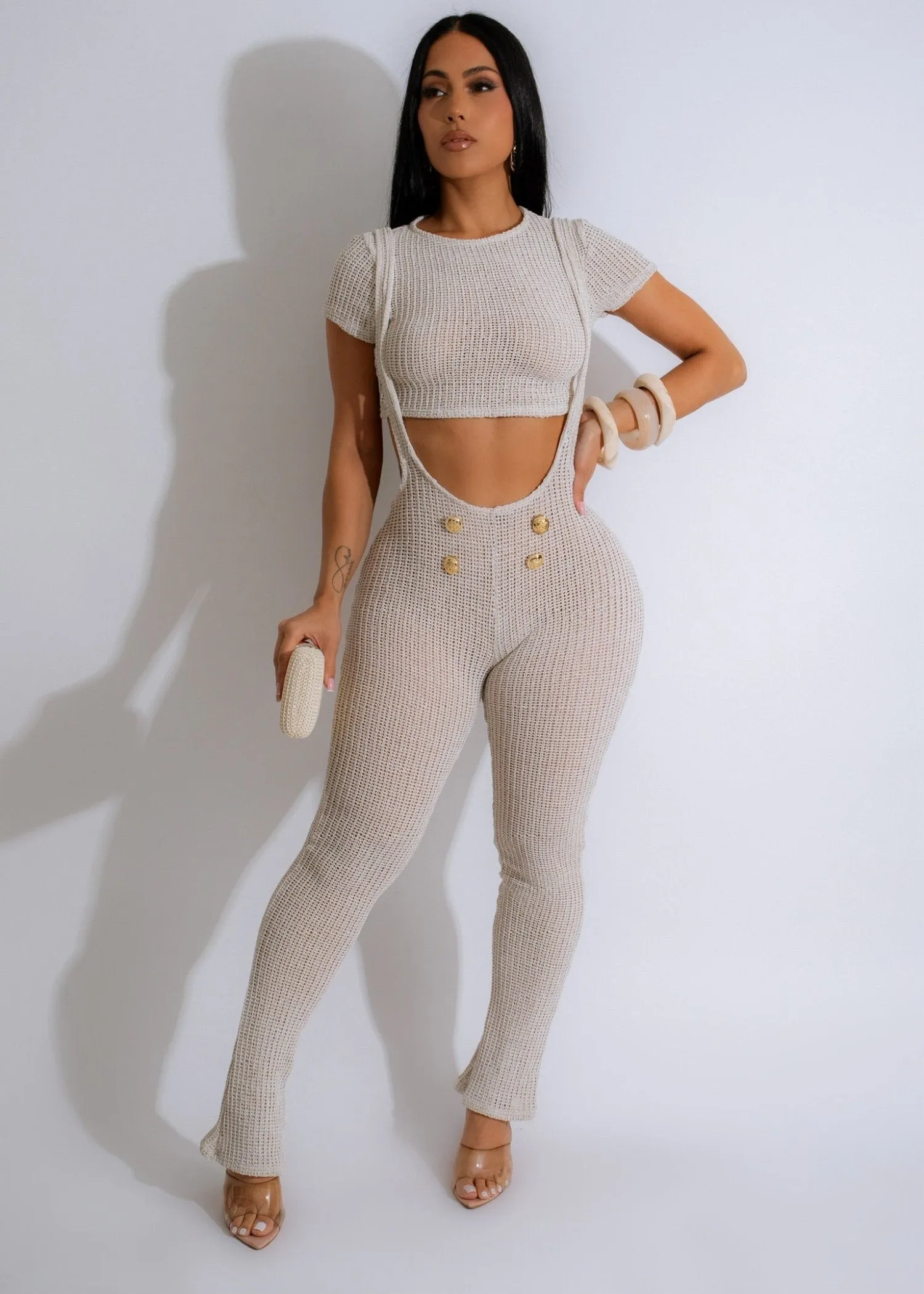 Chic Waffle Knit Pant Set Nude