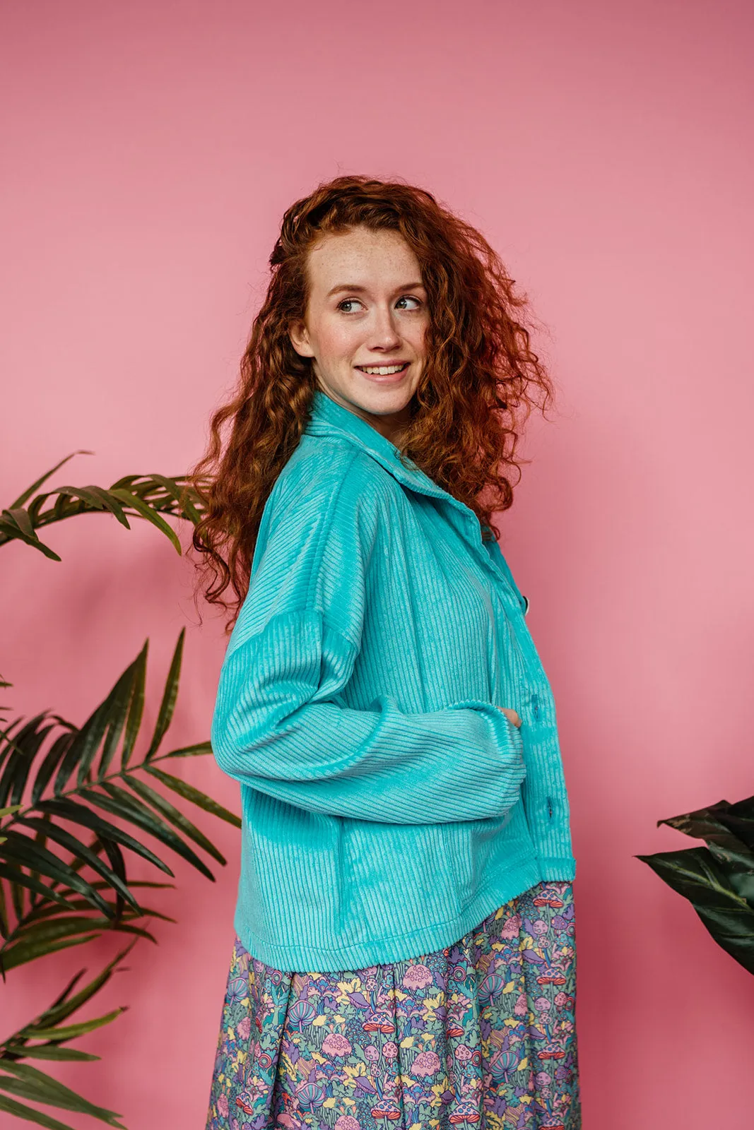 Corduroy Cropped Chore Jacket in Aqua