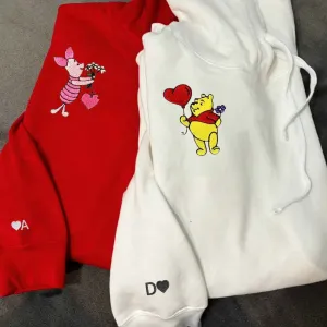 Cute Bear & Pig Couple Matching Hoodies - Custom Embroidered Sweatshirts For Couples