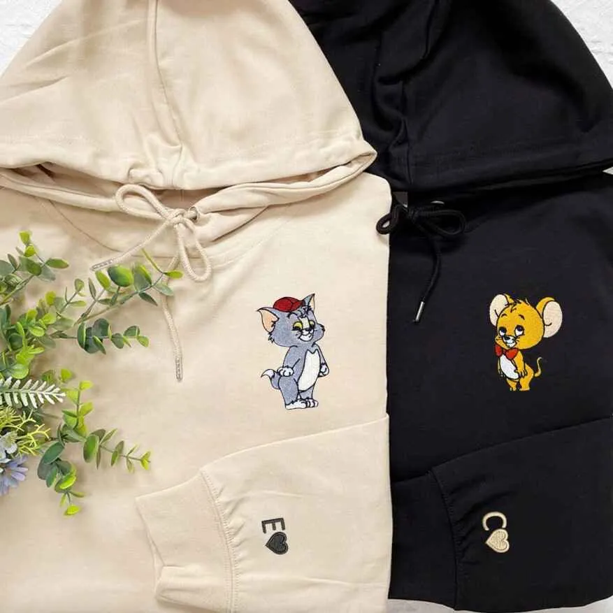 Cute Cat & Mouse Couple Sweatshirts - Custom Embroidered Matching Hoodies For Couples