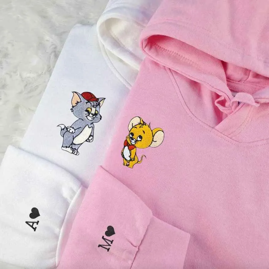 Cute Cat & Mouse Couple Sweatshirts - Custom Embroidered Matching Hoodies For Couples