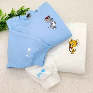 Cute Cat & Mouse Couple Sweatshirts - Custom Embroidered Matching Hoodies For Couples