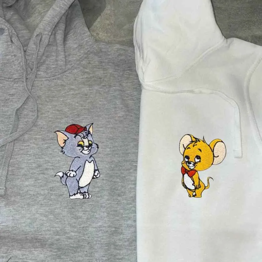 Cute Cat & Mouse Couple Sweatshirts - Custom Embroidered Matching Hoodies For Couples