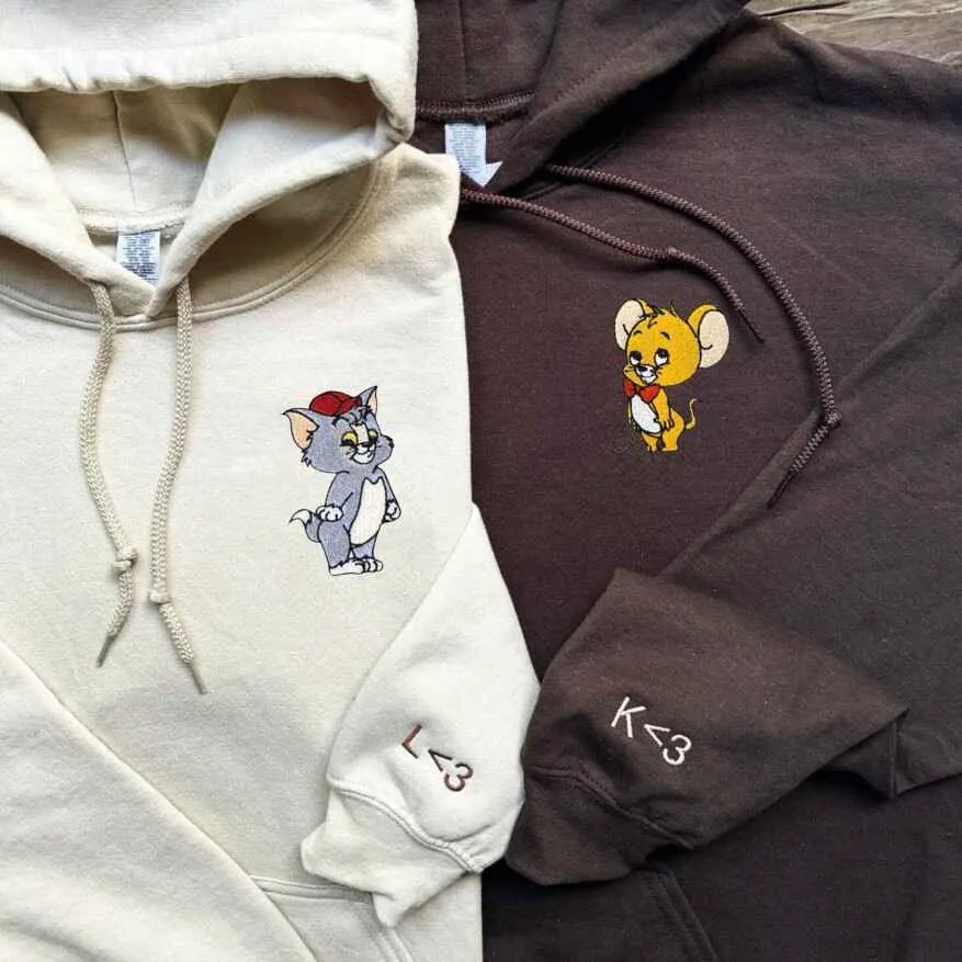 Cute Cat & Mouse Couple Sweatshirts - Custom Embroidered Matching Hoodies For Couples