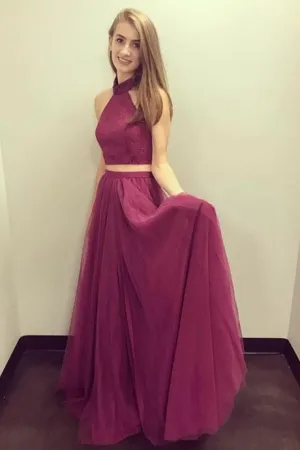 Cute Halter 2 Pieces Elegant Flowy Long Prom Dresses Pretty Party Dresses