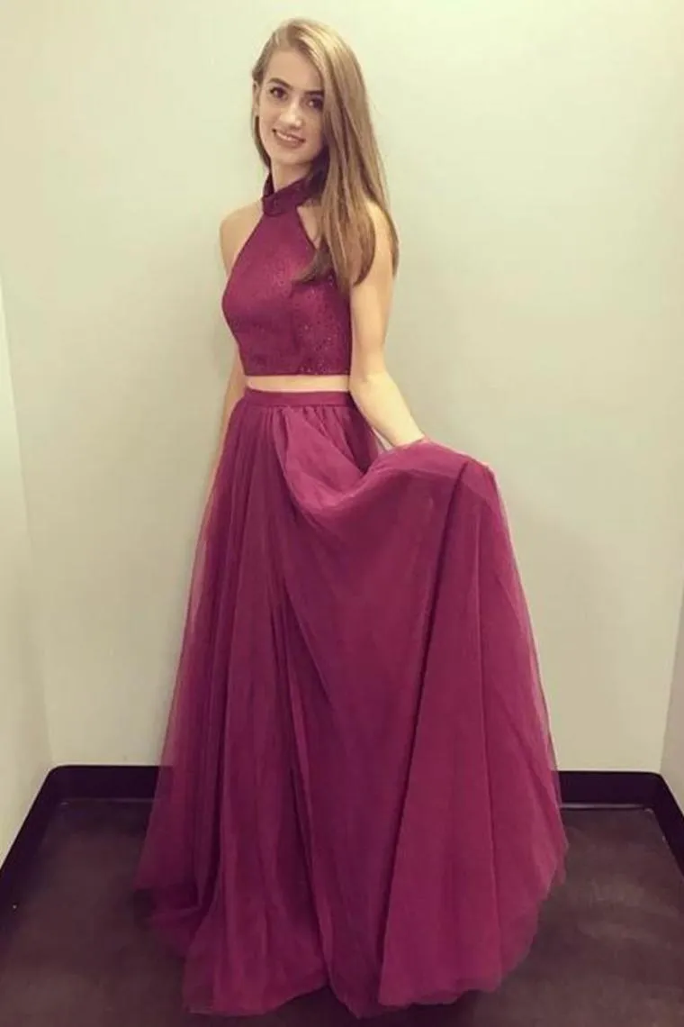 Cute Halter 2 Pieces Elegant Flowy Long Prom Dresses Pretty Party Dresses