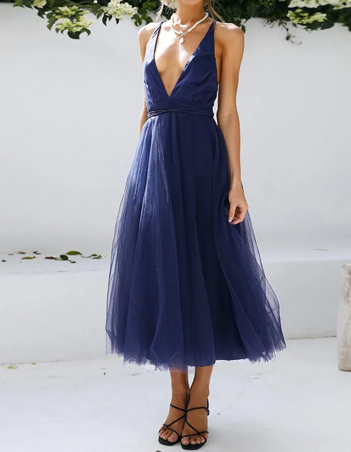 Deep V Neck Solid-color Mesh Bridesmaid Dresses Beach Dresses