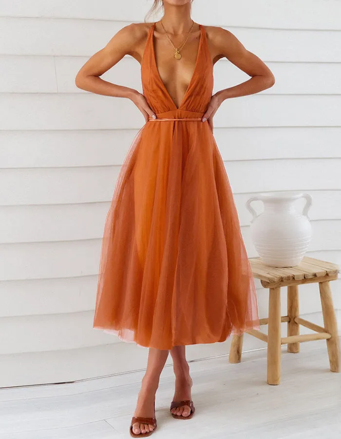 Deep V Neck Solid-color Mesh Bridesmaid Dresses Beach Dresses