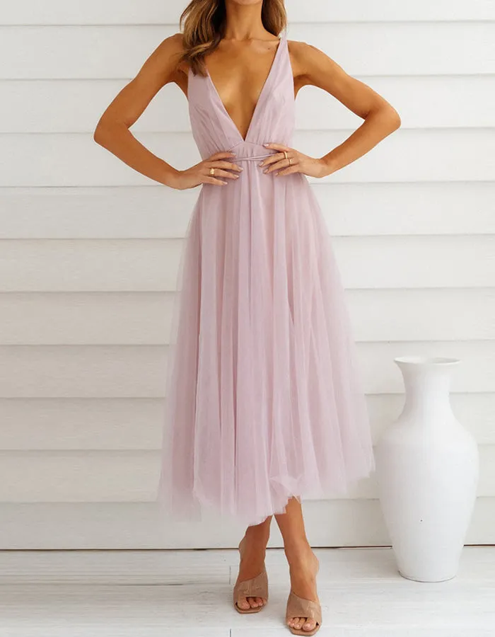 Deep V Neck Solid-color Mesh Bridesmaid Dresses Beach Dresses