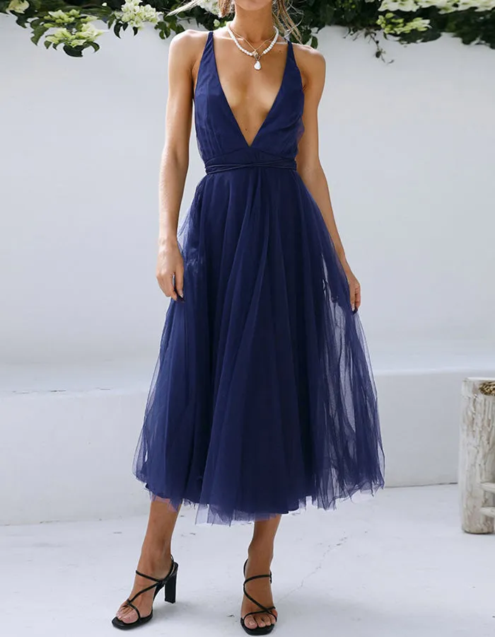 Deep V Neck Solid-color Mesh Bridesmaid Dresses Beach Dresses