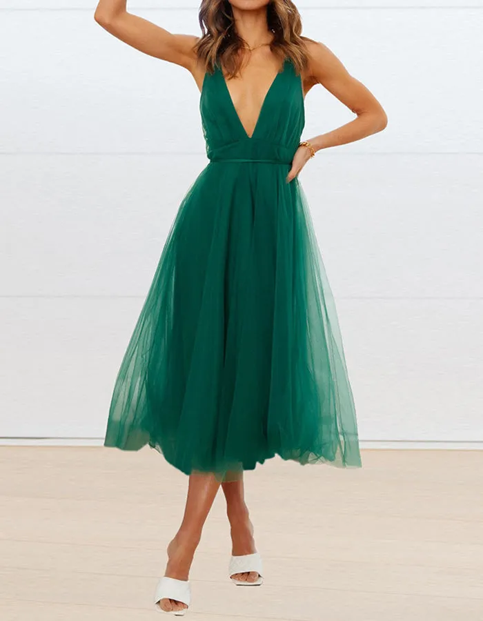 Deep V Neck Solid-color Mesh Bridesmaid Dresses Beach Dresses