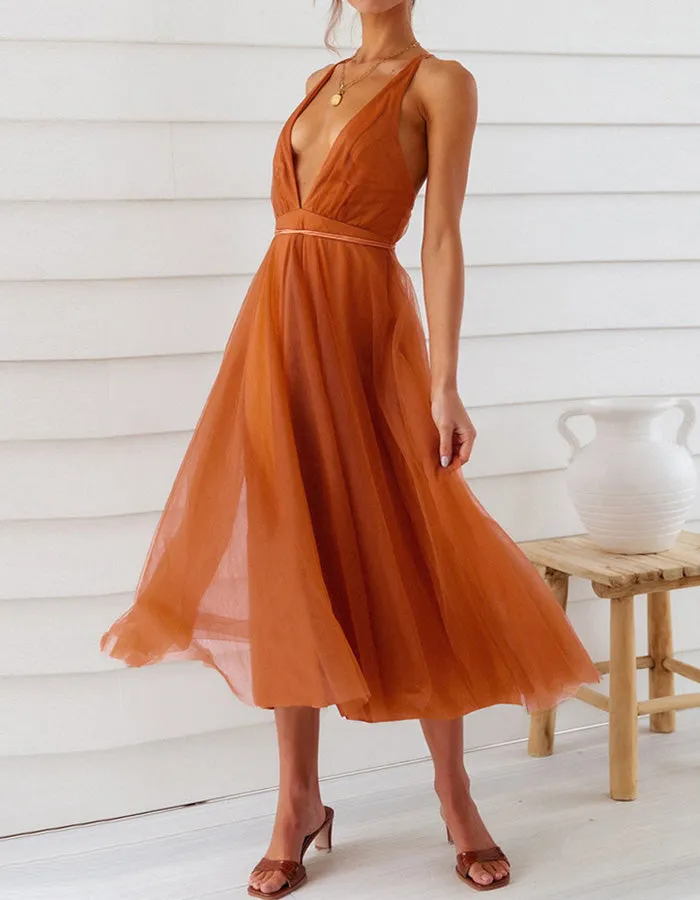 Deep V Neck Solid-color Mesh Bridesmaid Dresses Beach Dresses