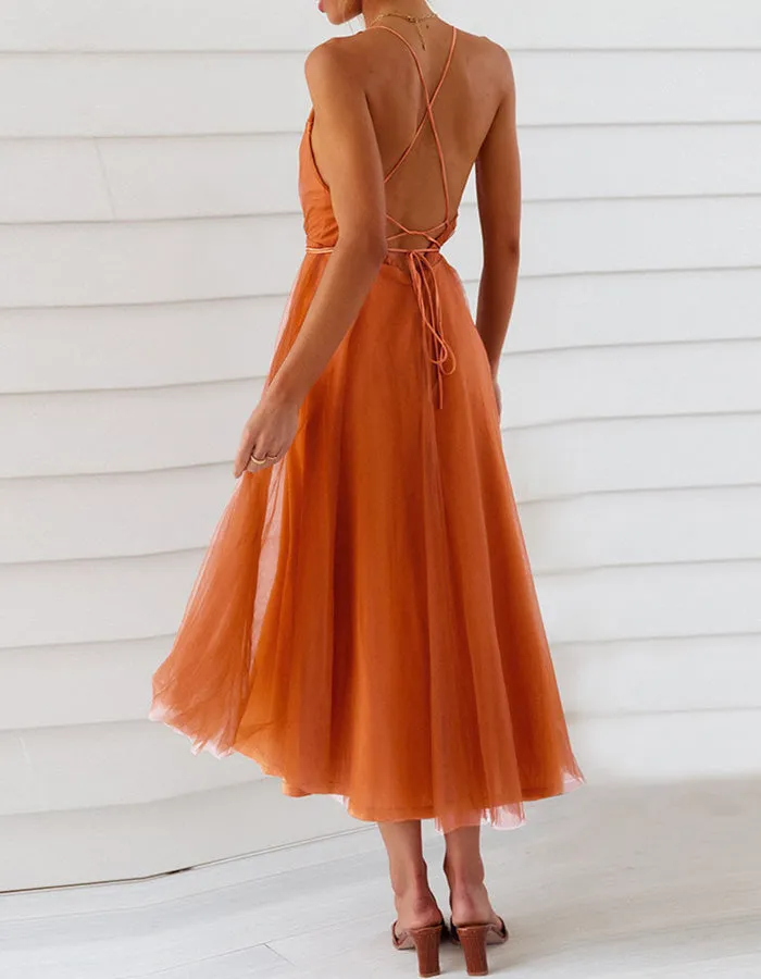 Deep V Neck Solid-color Mesh Bridesmaid Dresses Beach Dresses