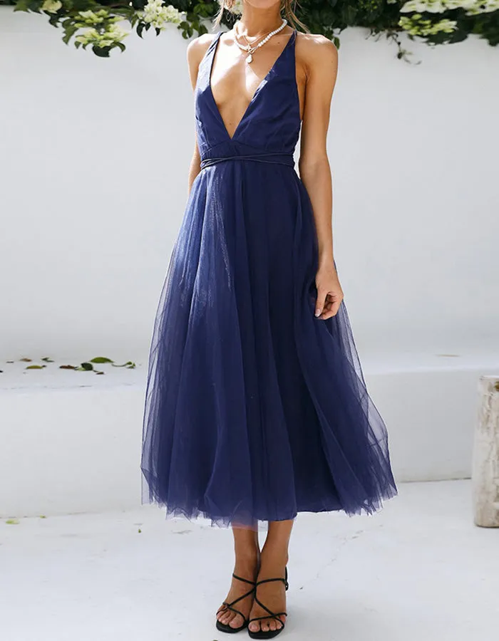 Deep V Neck Solid-color Mesh Bridesmaid Dresses Beach Dresses