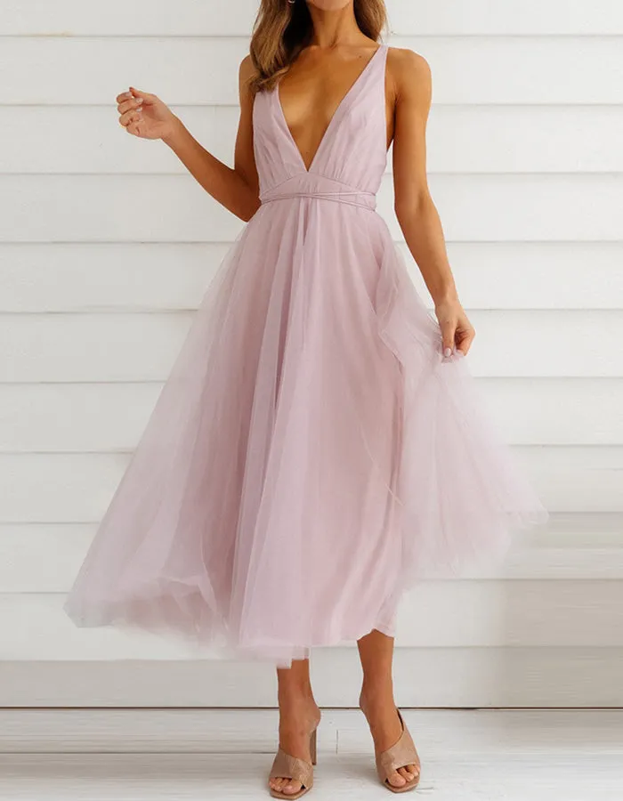 Deep V Neck Solid-color Mesh Bridesmaid Dresses Beach Dresses